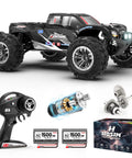 1 To 10 Scale RC Monster Truck With 4x4 All Terrain Off Road Wheels Waterproof Electric RC Car With LED Lights 48 KMH shown with remote, dual batteries, and gears