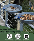 No Bull Fully Adjustable Deck Mounted Birdbath With Secure Grip Rail Clamps featuring gray metal bowls for dual use with water and birdseed.