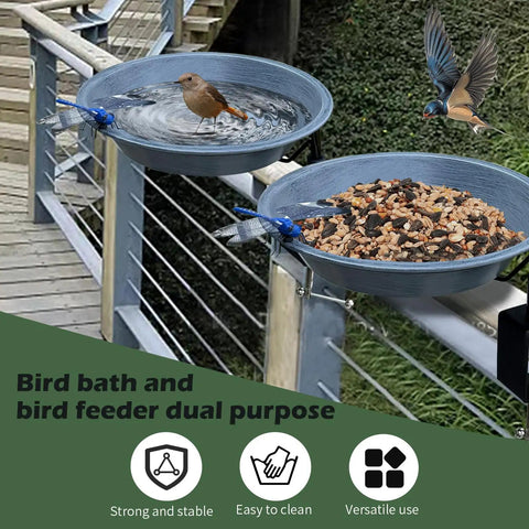 No Bull Fully Adjustable Deck Mounted Birdbath With Secure Grip Rail Clamps featuring gray metal bowls for dual use with water and birdseed.