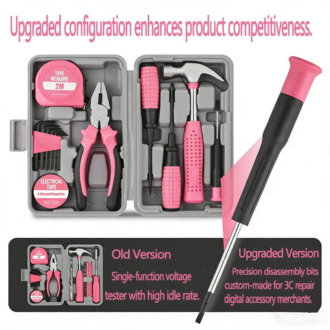 Pink Tool Set For Women, 13 Piece Hand Tool Kit with Hammer, Pliers, Screwdrivers and Storage Case, Ergonomic Non Slip Handles for Small Hands