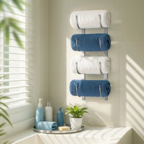 4 Tier Wall Mounted Towel Rack Organizer For Towels Blankets And Bath Sheets Space Saving Storage For Small Bathrooms RV Closets Cabinets With Adjustable Width Silver Finish And Easy Access displaying neatly rolled towels