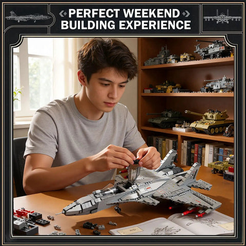 Person assembling J-15 Fighter Jet Building Set For Adults And Hobbyists, Ultra Detailed Model Aircraft Kit on table