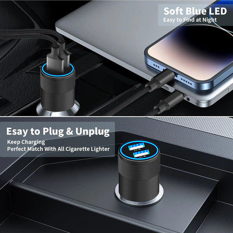 MFi Certified Dual USB Car Charger With 12W Fast Charge, connected to iPhone, features soft blue LED and braided lightning cables