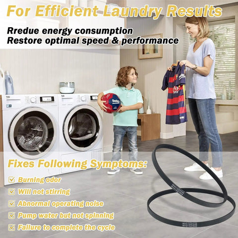 2 Pack Wh01x27538 Washer Drive Belt Hella Durable Replacement AP6328256 PS12299369 4587903 shown in laundry room with family holding clothes.