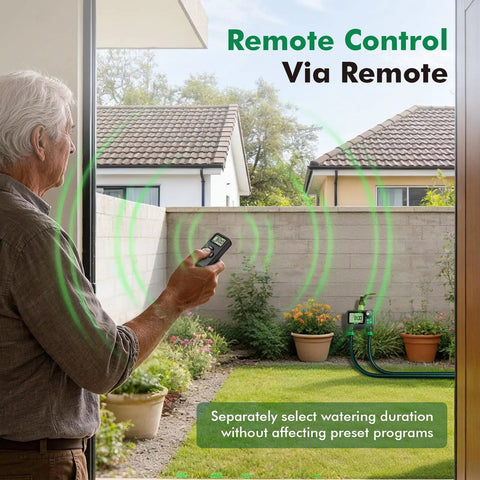 Person using RF remote for Remote Control Brass Sprinkler Timer For Outdoor Hose Faucet Two Zone System in a garden