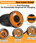 Rechargeable miter saw laser guide, black with orange label and Type-C port