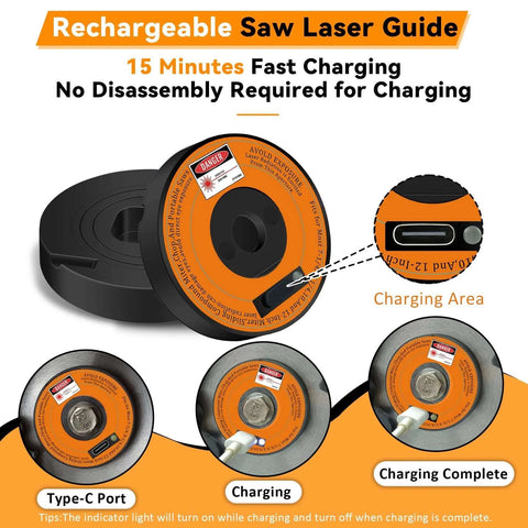 Rechargeable miter saw laser guide, black with orange label and Type-C port