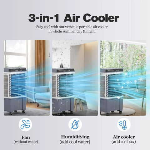 Portable Evaporative Swamp Cooler With 5.3 Gallon Water Tank 1700 Cfm Airflow in 3-in-1 modes for summer cooling indoors.