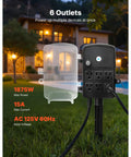 Heavy Duty Outdoor Power Stake With 25 Foot Extension Cord And Six Weatherproof Grounded Outlets showing six outlets and clear protective cover.