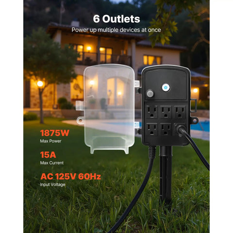 Heavy Duty Outdoor Power Stake With 25 Foot Extension Cord And Six Weatherproof Grounded Outlets showing six outlets and clear protective cover.