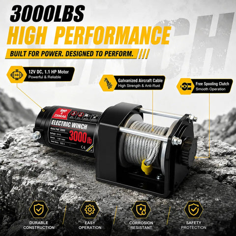 Zehuax 3000LBS 12V DC Electric Winch With Waterproof Steel Cable And Wired Remote Control For ATV UTV Vehicle Recovery on rocky ground.
