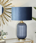 Blue Glass Table Lamp With Velvet Shade And Gold Accents, Ribbed Accent Lamp For Living Room on gold console table