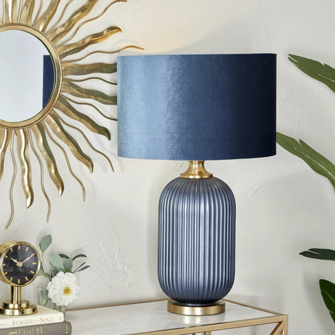 Blue Glass Table Lamp With Velvet Shade And Gold Accents, Ribbed Accent Lamp For Living Room on gold console table