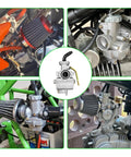 PZ20 Carburetor Kit With Ignition Coil Starter Relay Voltage Regulator And CDI Box For 50cc To 125cc Chinese ATVs Quads Go Karts Dirt Bikes Fits Tao Tao Coolster Kazuma Baja And More, installed view showing carburetors on different engines.