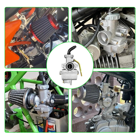PZ20 Carburetor Kit With Ignition Coil Starter Relay Voltage Regulator And CDI Box For 50cc To 125cc Chinese ATVs Quads Go Karts Dirt Bikes Fits Tao Tao Coolster Kazuma Baja And More, installed view showing carburetors on different engines.