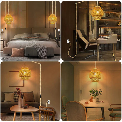 Plug In Pendant Light With Rattan Hanging Lights And Hand Woven Bamboo Lampshade, 15ft Hemp Rope, On Off Switch in various rooms