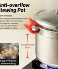 Anti-overflow stewing pot with warning text, showing red handle clip and steam on lid, with greater than 15cm distance indicated