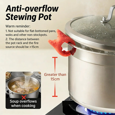 Anti-overflow stewing pot with warning text, showing red handle clip and steam on lid, with greater than 15cm distance indicated
