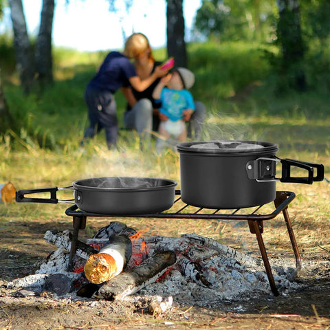 16-Piece Camping Cookware Set With Folding Stove Nonstick Lightweight Pots And Pans on outdoor fire setup