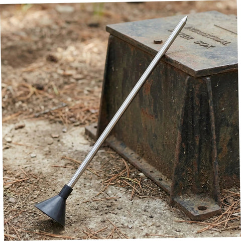 Portable Water Leak Detector Rod For Underground Pipelines And Pipes With High Sensitivity Tracking, Stainless Steel And Plastic Build, Your Go To Inspector For Home Plumbing And Industrial Water Systems, Durable Leak Tester Tool on rusty metal box