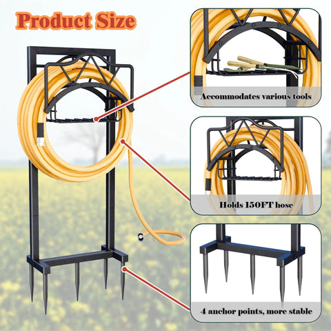Heavy Duty Outdoor Garden Hose Holder With 5 Spikes And Basket, Freestanding Metal Hose Stand, Holds Up To 150 Feet Of Hose, Black