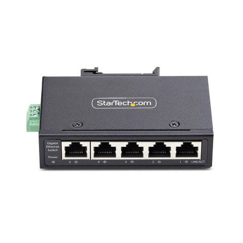 Front view of Unmanaged 5 Port Industrial Gigabit Ethernet Switch With DIN Rail Or Wall Mount IP30 Enclosure Auto Negotiation