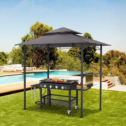 8 Ft By 5 Ft Outdoor Grill Gazebo Canopy For Outdoor Cooking Waterproof 2 Tier BBQ Shelter in backyard with grill underneath