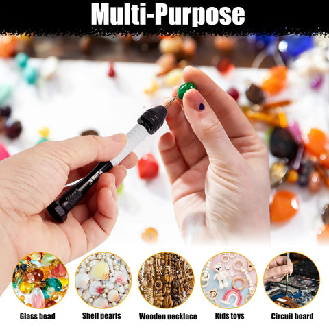 Person using Precision Pin Vise Hand Drill Set 25 Pcs For Jewelry Making And Miniatures on colorful bead.