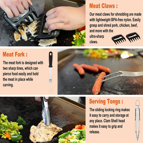 Close-up of meat claws, meat fork, and serving tongs from 38 Piece Griddle Accessories Kit with stainless components on a grill.