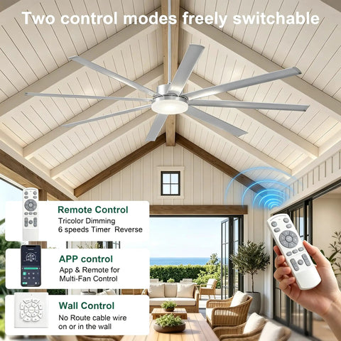 UOJ 84 inch large aluminum ceiling fan with or without lights in a spacious room featuring a remote control.