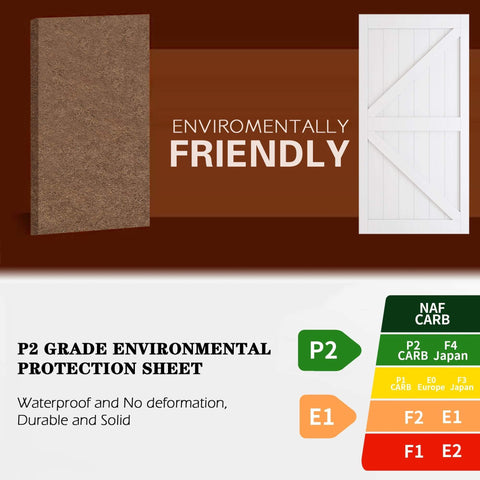 Comparison of brown P2 grade MDF sheet and white K-frame door, labeled environmentally friendly, with material grade chart.