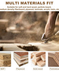 Person using a router on a wooden surface, showing multi-material fit including MDF, plywood, solid wood, and particleboard.