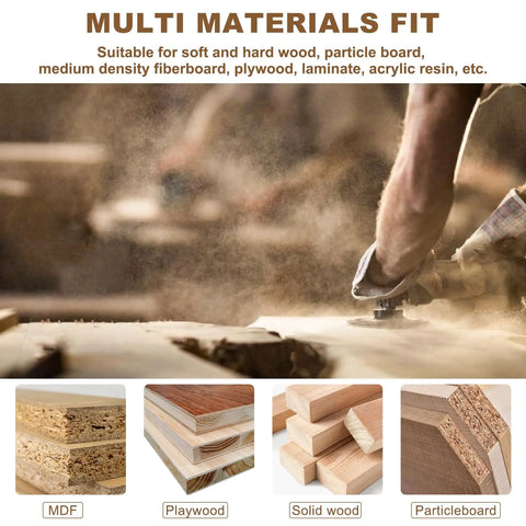 Person using a router on a wooden surface, showing multi-material fit including MDF, plywood, solid wood, and particleboard.
