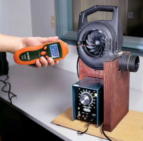 Mini Laser Photo Tachometer RPM Counter reads 2388 on easy read LCD, measuring fan RPM with no contact measurement.