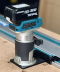 Killer Precision Router Guide Rail Adapter For Makita Tools with onboard rail stop mounted on router.