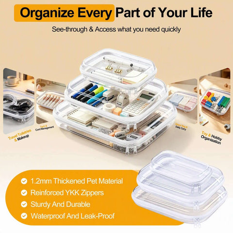 Game Changing Clear Hard Shell Zipper Pouches Including One Medium And Three Small Sizes Designed To Master Your Diaper Bag Setup While Keeping All Daily Essentials Secure And Hassle Free with visible organizing items inside.