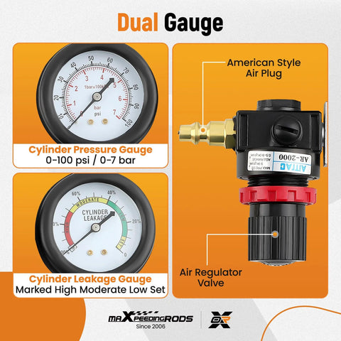 maXpeedingrods dual-gauge cylinder leak-down tester kit with American-style air plug and extension rod