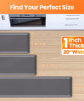 Three grey One Inch Thick Comfy Anti Fatigue Kitchen Floor Mats 20x32, 20x39, and 20x72 shown on wood floor