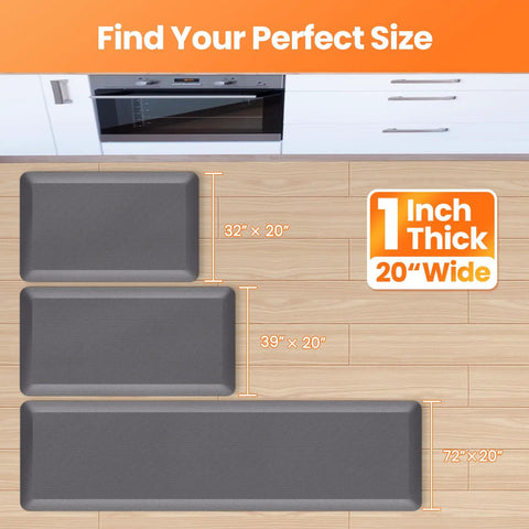 Three grey One Inch Thick Comfy Anti Fatigue Kitchen Floor Mats 20x32, 20x39, and 20x72 shown on wood floor