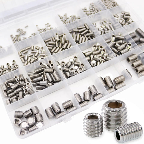 Stainless Steel Flat Point Set Screw Kit With Hex Socket Grub Screws M2 Through M8 Headless Screws Assortment Including Hex Keys