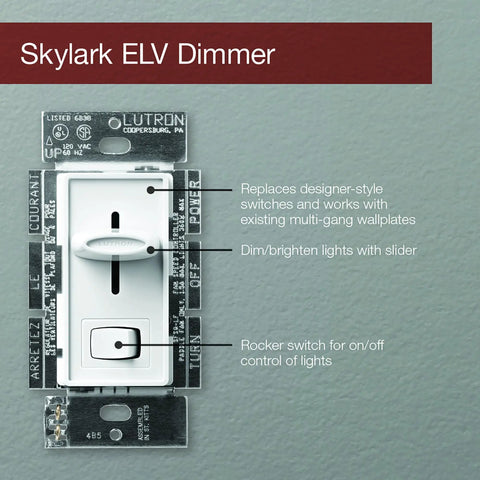 Skylark ELV Dimmer For Low-Voltage Lighting - Single Pole - White - Slide Control With Rocker Switch - Preset Light Level