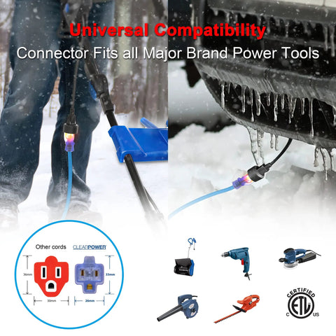 Blue 100 Ft Outdoor Extension Cord SJTW 14/3 With 3 Prong Grounded Plug And Power Indicator Light in snow and ice