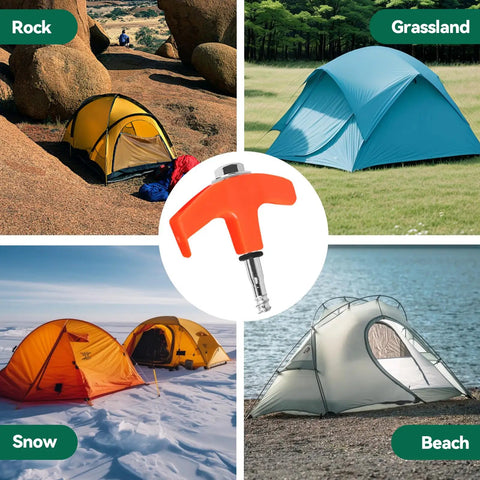 Image of Four Tents in Rock, Grassland, Snow, and Beach with Twenty Pack 8 Inch Screw In Tent Stakes With Beefy Hex Heads