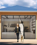 10x8 Ft Garage Door Screen With Magnetic Closure Heavy Duty Net in use, allowing airflow and blocking bugs, woman and dog walking through
