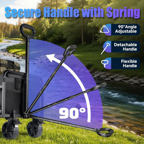 Foldable Heavy Duty Wagon Cart With 360 Swivel Wheels And Brakes showing adjustable handle by a river landscape