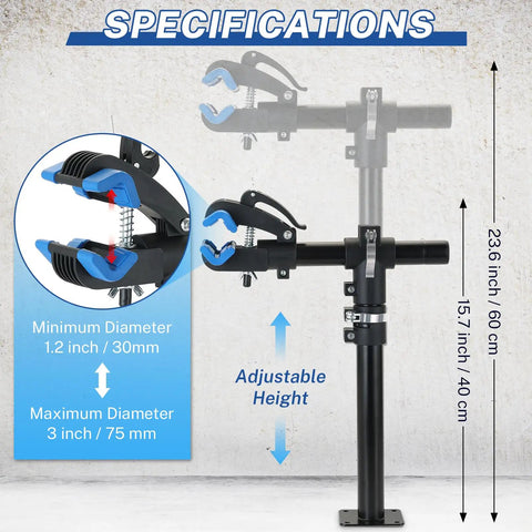 Height Adjustable Bike Repair Stand For Bench Mount, Essential Bicycle Maintenance Rack Workstand For Home Garage, Removable Repair Stand For Road And Mountain Bikes, Blue Finish, 45lbs Load Capacity, Anti Slip Clip displaying specifications