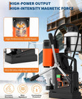 2 Inch Magnetic Drill Press with 1850W Power Forward Reverse Tapping Heavy Duty Mag Drill for Steel and Metal Fabrication High Torque 810 RPM Burr Free Holes Industrial Grade Drilling Kit showing detailed controls and performance features.