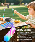 Portable Tabletop Fly Fans 4 Pack With 2000mAh Rechargeable Battery Power, child using fly fan at outdoor picnic table.
