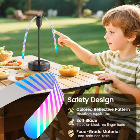Portable Tabletop Fly Fans 4 Pack With 2000mAh Rechargeable Battery Power, child using fly fan at outdoor picnic table.