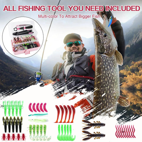 Angler holding fish with displayed Three Layer Pink Fishing Tackle Box With Tackle Included An All In One Gear Kit
